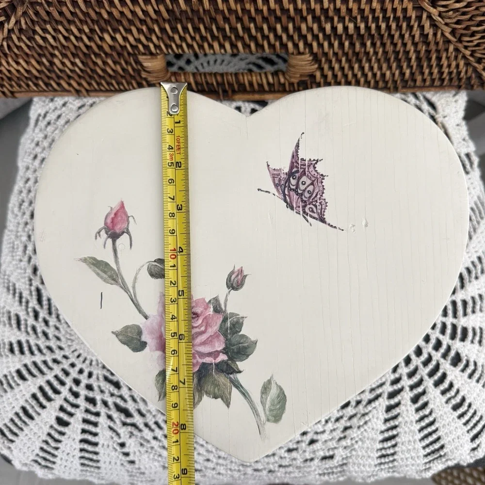 Vintage White Wooden Heart Quilt Wall Hanging Decor Rose & Butterfly Painted 9